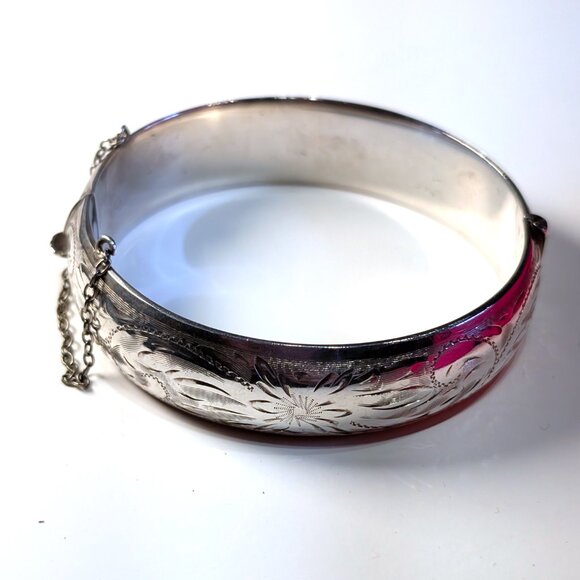Vintage Mid-Century Sterling Burkhardt Birks Canada Engraved Floral Thick Bangle - Picture 2 of 7